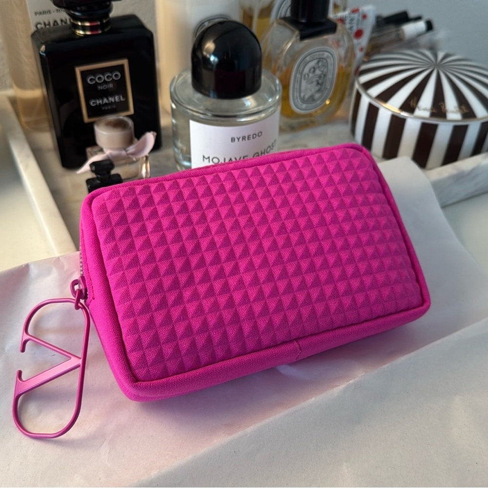 Valentino V Logo Studded Fuchsia Mini Cosmetic Bag & free mini lipstick samples